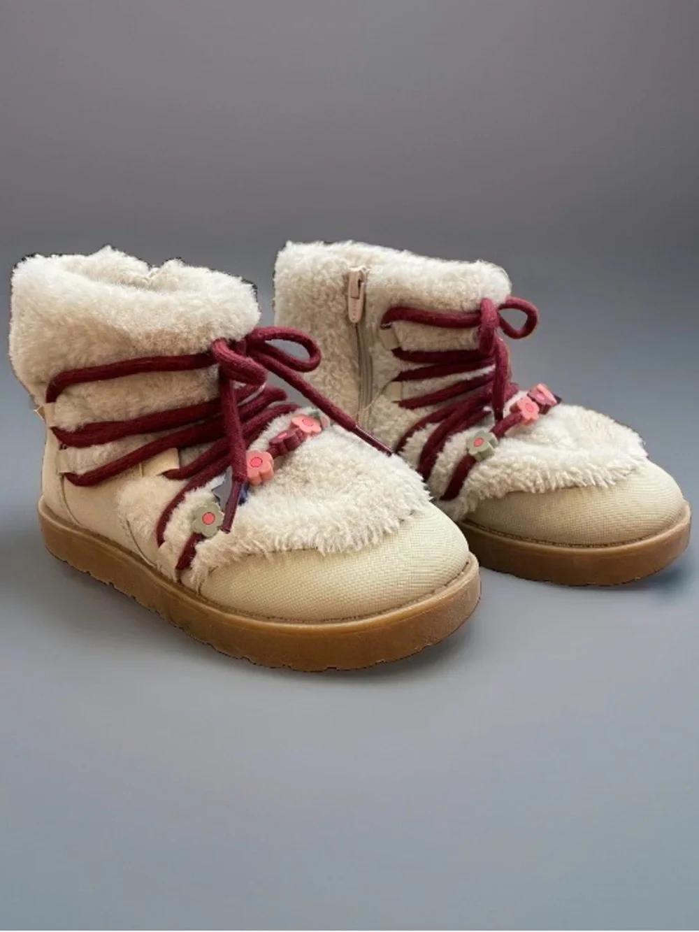 Zara Kids Beaded Faux Fur Lined Ankle Boots Ecru White EU Size 26/US Size 9.5